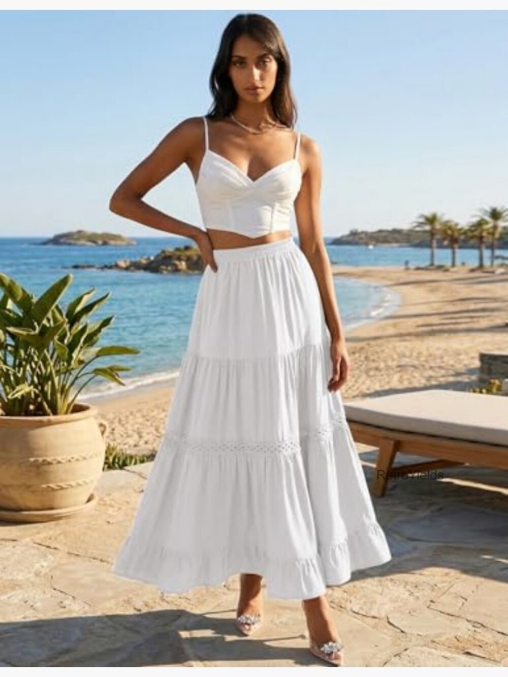 Long Maxi Cotton Skirts Boho Lace Crochet Tiered Flowy Ruffle A-Line Skirt - Picture 4 of 7